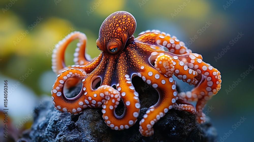 Obraz premium Orange octopus with white spots on dark rock.