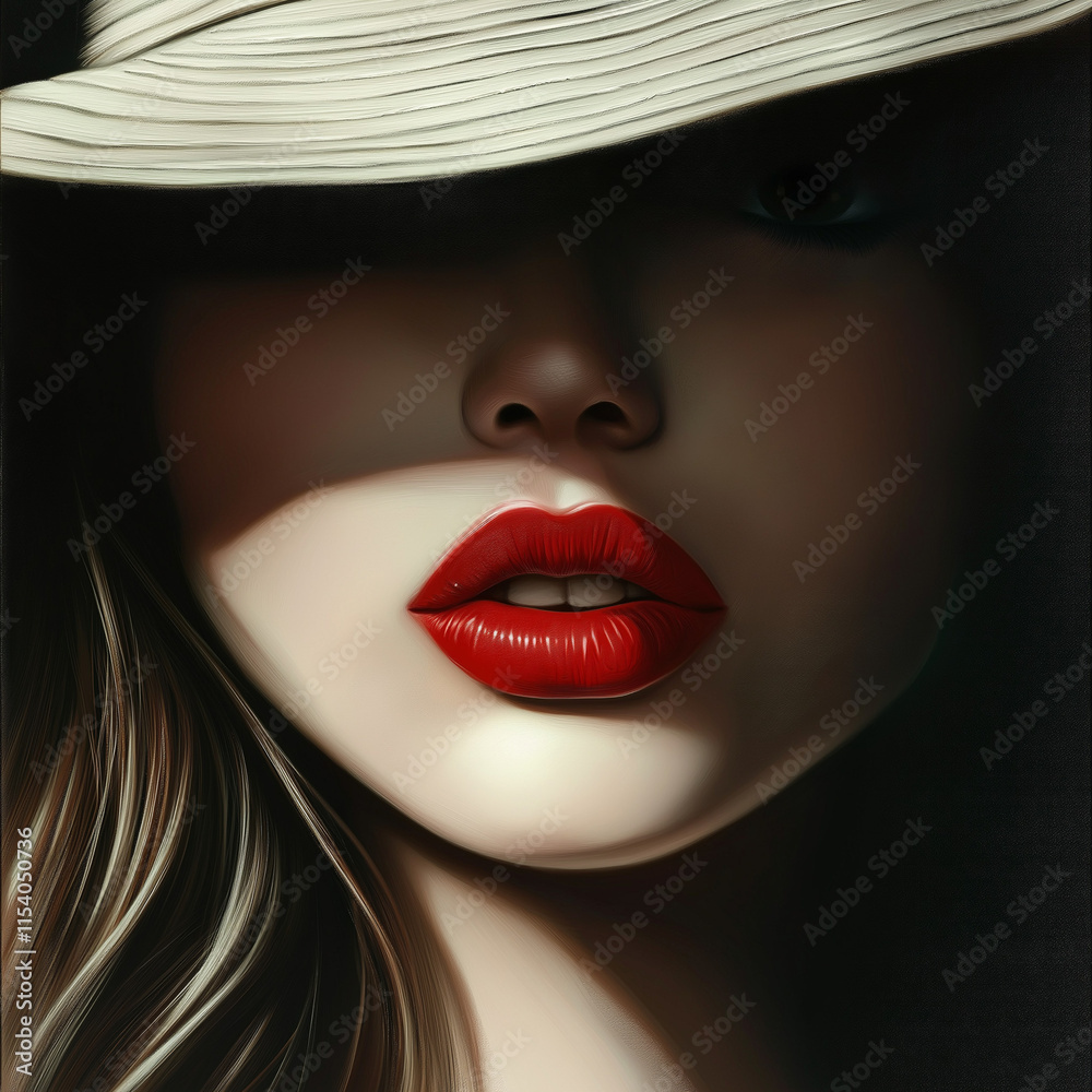 Closeup digital art of a womans face partially hidden by a widebrimmed hat. Her red lips and a hint of eye are visible, creating a mysterious and elegant mood. Soft lighting enhances the sensual featu Closeup digital art of a womans face partially hidden by a widebrimmed hat. Her red lips and a hint of eye are visible, creating a mysterious and elegant mood. Soft lighting enhances the sensual featu