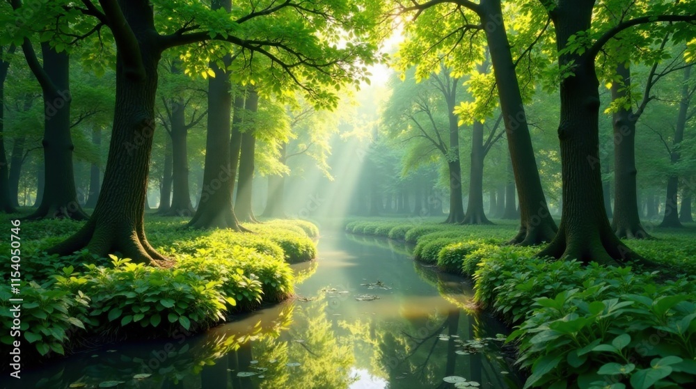 Naklejka premium Serene Sunlight Illuminating a Tranquil Forest Stream, Lush Green Foliage, and Majestic Trees Casting Shadows on a Calm Waterway