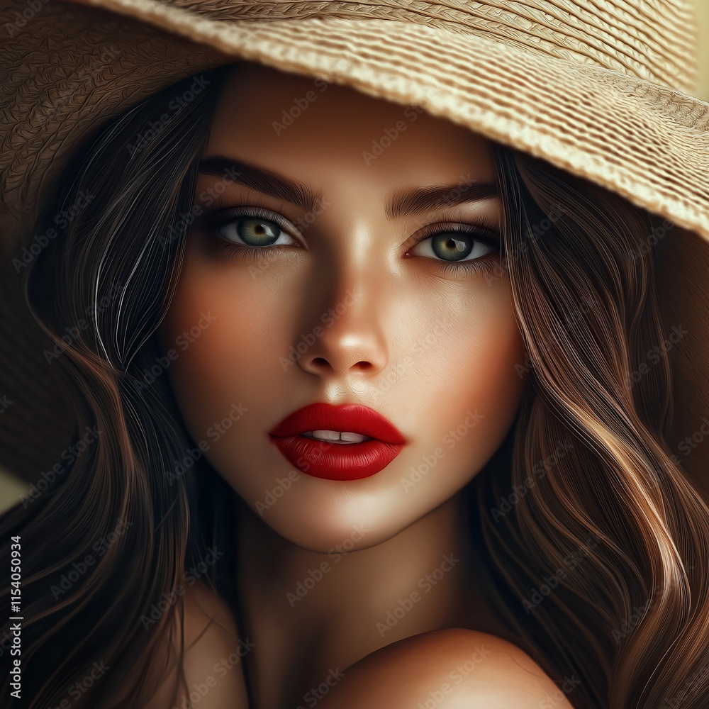 Closeup portrait of a beautiful woman with long brown hair, wearing a straw hat, showcasing her green eyes and red lips. The image is a digital painting with a painterly style. Closeup portrait of a beautiful woman with long brown hair, wearing a straw hat, showcasing her green eyes and red lips. The image is a digital painting with a painterly style.