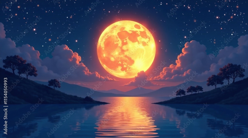 Serene Night A Giant Orange Moon Rises Over a Calm Lake, Silhouetted by Dark Hills and Trees Under a Starlit Sky Serene Night A Giant Orange Moon Rises Over a Calm Lake, Silhouetted by Dark Hills and Trees Under a Starlit Sky