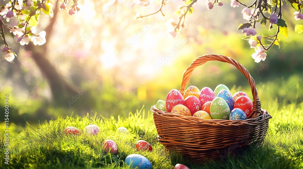 Easter Eggs Basket, Full Of Colorful Easter Eggs Easter Eggs Basket, Full Of Colorful Easter Eggs