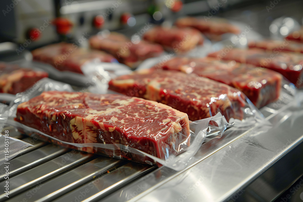 Several cuts of high-quality marbled beef are vacuum-sealed and neatly arranged on a stainless steel surface, showcasing their rich color and texture, prepared for sale in a butcher shop. Several cuts of high-quality marbled beef are vacuum-sealed and neatly arranged on a stainless steel surface, showcasing their rich color and texture, prepared for sale in a butcher shop.