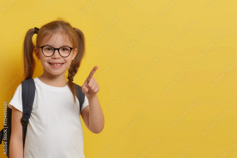 Smiling little schoolgirl pointing finger wearing glasses on yellow background