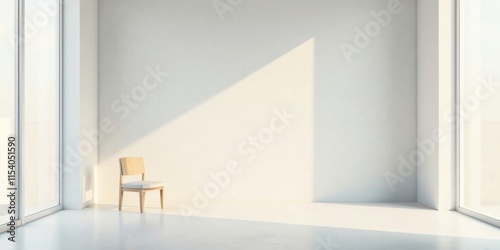 A solitary chair basks in the soft light filtering through expansive windows in a minimalist, bright room.