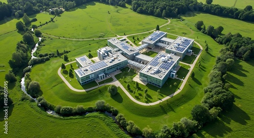 Aerial view of biofield facility in lush green landscape photo