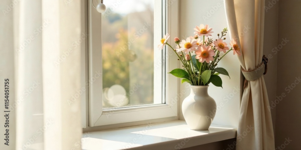Sunlight illuminating delicate peach blossoms in a simple vase, peacefully resting on a sunlit windowsill, beside sheer curtains Sunlight illuminating delicate peach blossoms in a simple vase, peacefully resting on a sunlit windowsill, beside sheer curtains