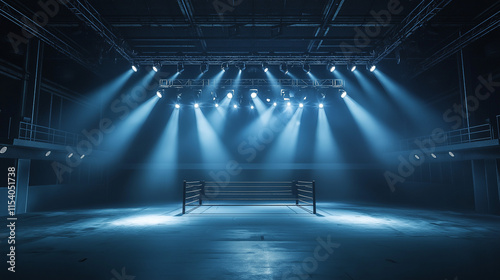 Empty Boxing Ring Arena Lights, Stage, Combat Sports Venue