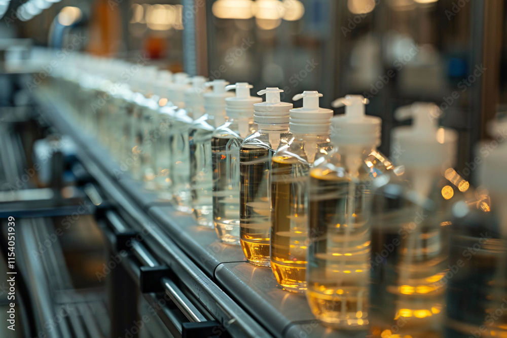 A production line is filled with neatly arranged bottles of liquid soap, showing the clear liquid inside as workers prepare for packaging in a busy manufacturing facility.