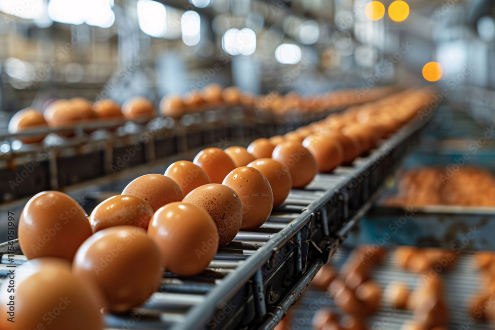 Fresh brown eggs are moving along a conveyor belt in a large poultry processing facility, ready for packaging. The environment is well-lit and organized for efficiency. Fresh brown eggs are moving along a conveyor belt in a large poultry processing facility, ready for packaging. The environment is well-lit and organized for efficiency.