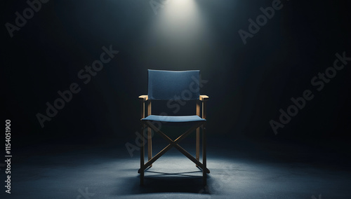 A single directors chair sits center stage, illuminated by a spotlight in a dark room. The image evokes anticipation and mystery.