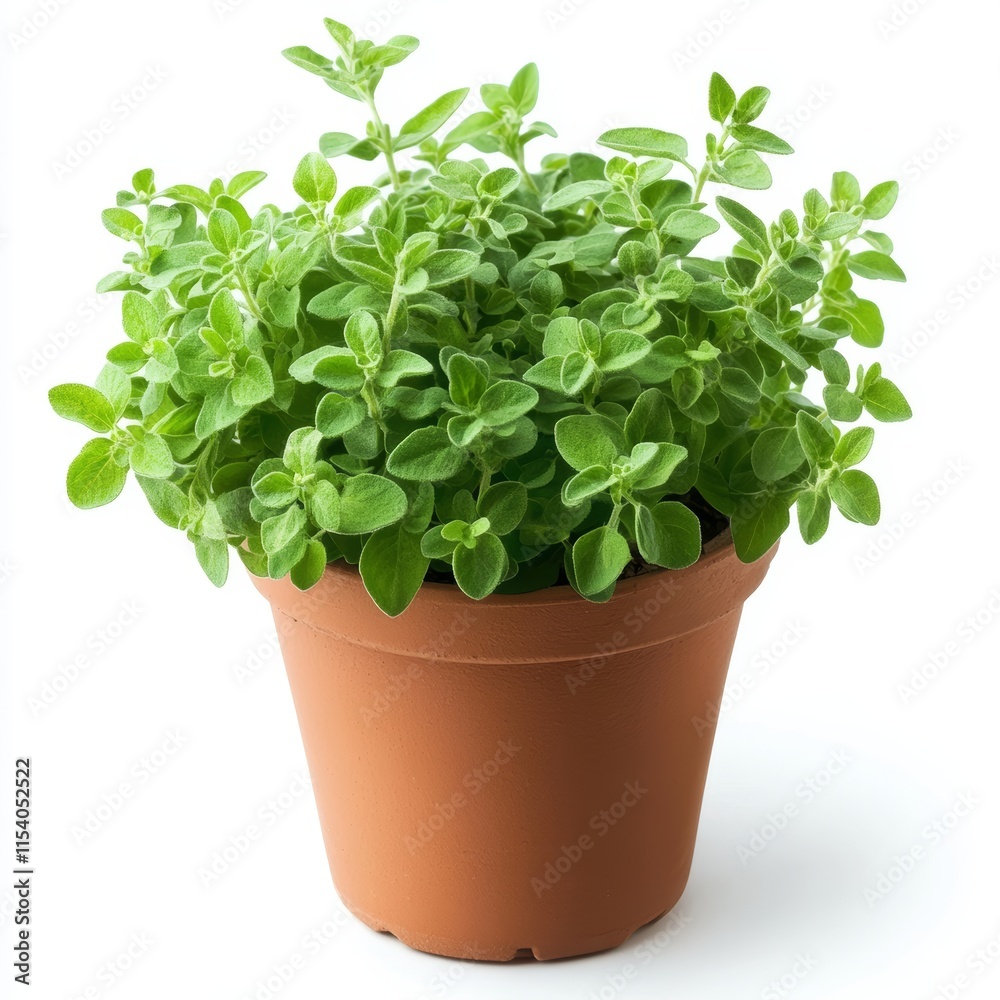 A potted marjoram plant isolated on white background A potted marjoram plant isolated on white background
