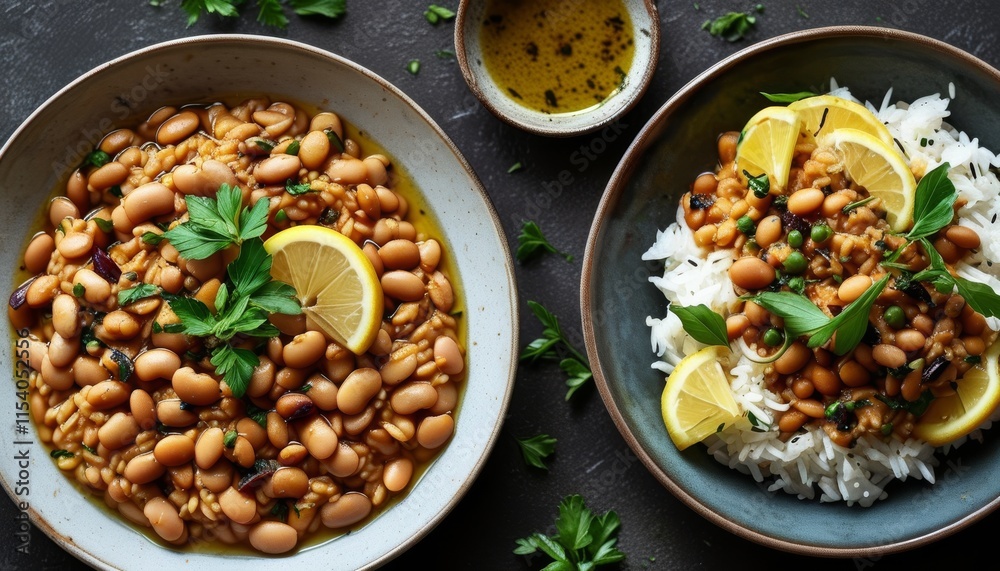 Gourmet Zeytinya Beans Combo with Rice and Fresh Lemon, Topaz and Green Garnish Gourmet Zeytinya Beans Combo with Rice and Fresh Lemon, Topaz and Green Garnish