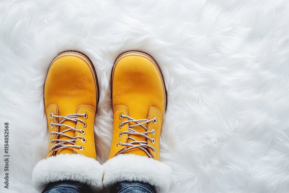 Stylish Yellow Winter Boots with White Fur Lining on white Background