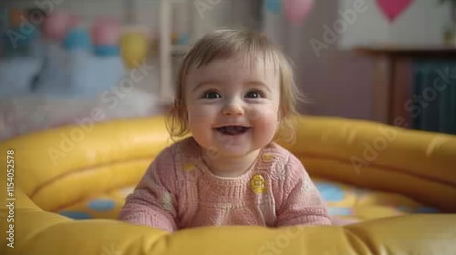 Happy baby girl in yellow inflatable pool.