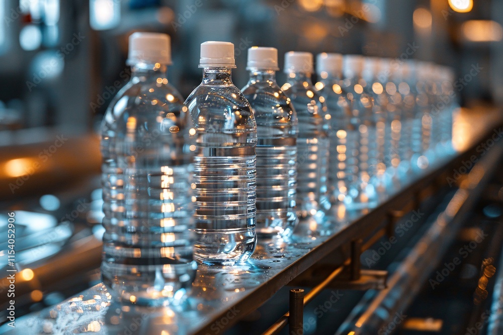 A row of clear plastic water bottles stands on a conveyor belt, showcasing their pristine condition as they are prepared for distribution in a busy production facility. A row of clear plastic water bottles stands on a conveyor belt, showcasing their pristine condition as they are prepared for distribution in a busy production facility.