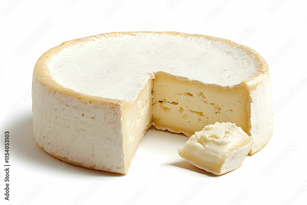 Round cheese wheel with slice removed showcasing creamy texture and rustic edge on white background Round cheese wheel with slice removed showcasing creamy texture and rustic edge on white background