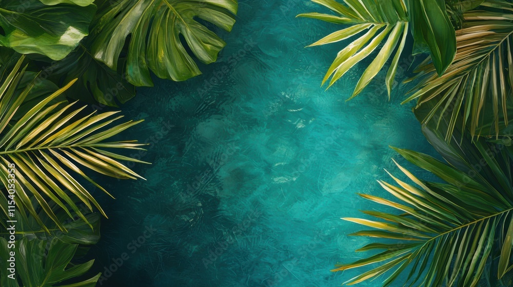 Obraz premium Tropical Leaves Frame Over Calm Blue Water Background Scene