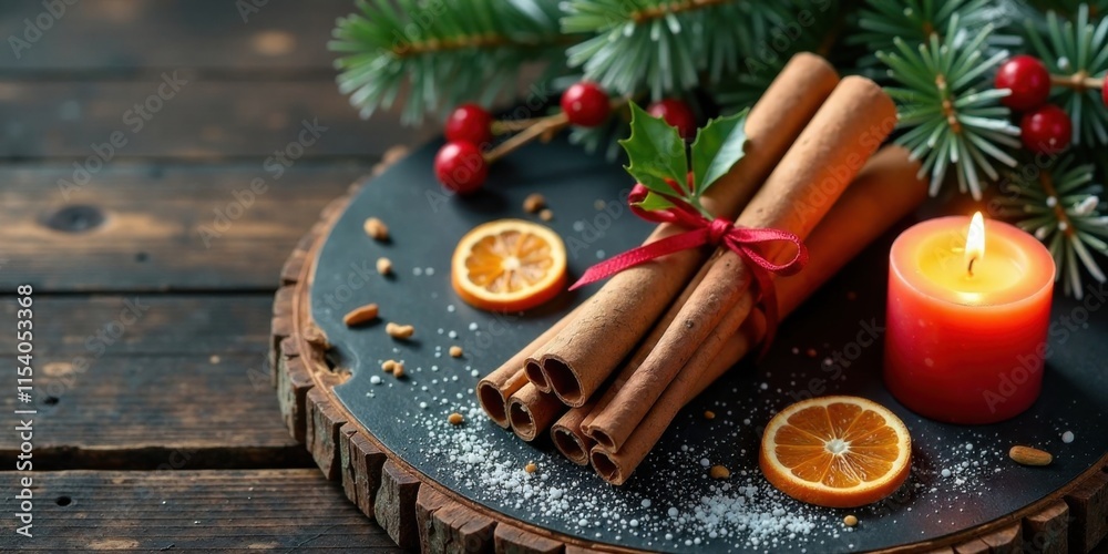Aromatic Cinnamon Sticks Bound with a Festive Red Ribbon, Accompanied by Dried Citrus Slices and a Burning Candle on Rustic Wood Aromatic Cinnamon Sticks Bound with a Festive Red Ribbon, Accompanied by Dried Citrus Slices and a Burning Candle on Rustic Wood