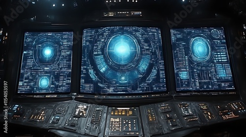 Futuristic spaceship control panel with glowing interfaces.