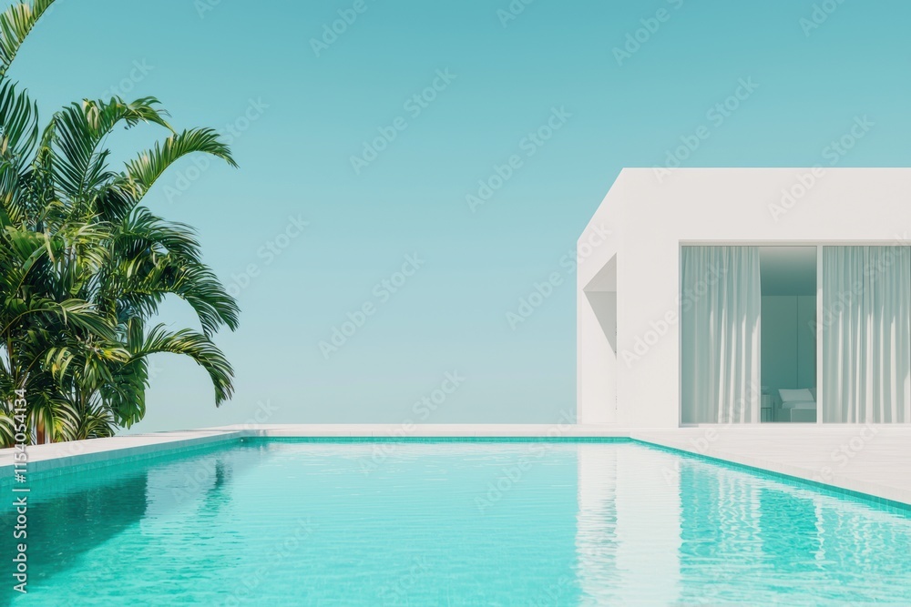 Fototapeta premium Modern Minimalist Villa with Pool Against Clear Sky Background