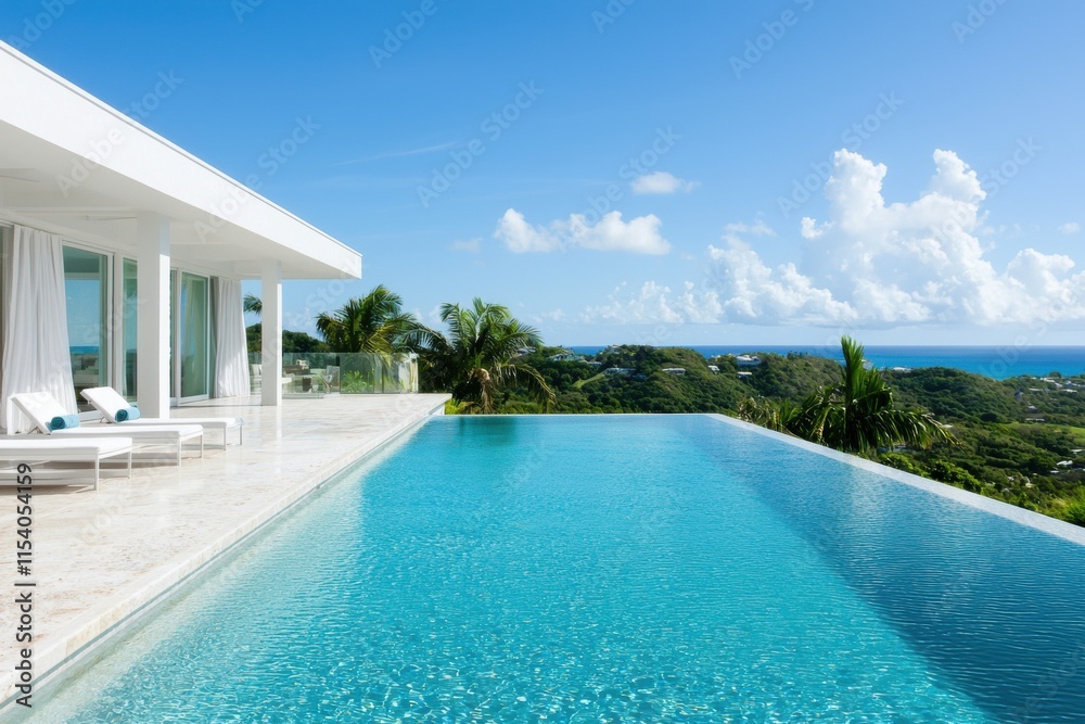 Fototapeta premium Modern Villa with Infinity Pool Overlooking Scenic Coastal View