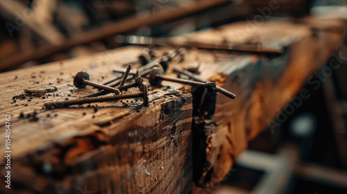 Close-Up of Rustic Wooden Beam with Scattered Nails in a Workshop Setting photo