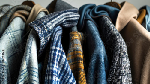 Colorful Assortment of Hanging Coats and Jackets in Various Patterns and Fabrics Displayed on Wooden Hangers in a Fashionable Closet