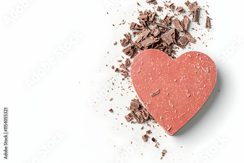 Heart-Shaped Chocolate on White Surface with Shavings and Splintered Pieces Around It