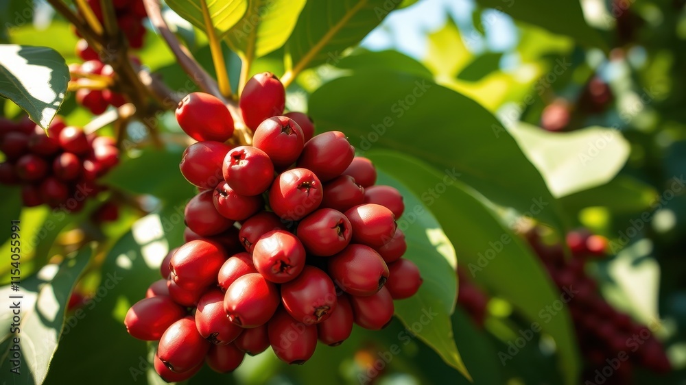 A cluster of ripe red berries hangs from a branch, nestled amongst vibrant green leaves in a sun-drenched orchard. A cluster of ripe red berries hangs from a branch, nestled amongst vibrant green leaves in a sun-drenched orchard.