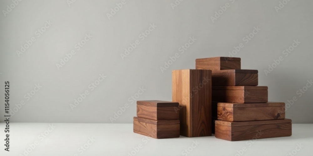 A collection of rustic wooden boxes arranged in a visually appealing staggered formation against a minimalist backdrop A collection of rustic wooden boxes arranged in a visually appealing staggered formation against a minimalist backdrop