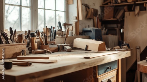 A well-organized woodworking bench with tools and wood neatly arranged, A rustic workshop with natural light and wooden textures, Minimalist craftsmanship style