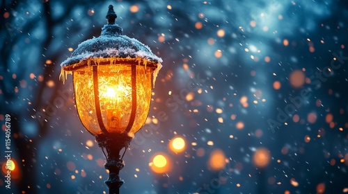 Warm glow of a lantern in a snowy setting