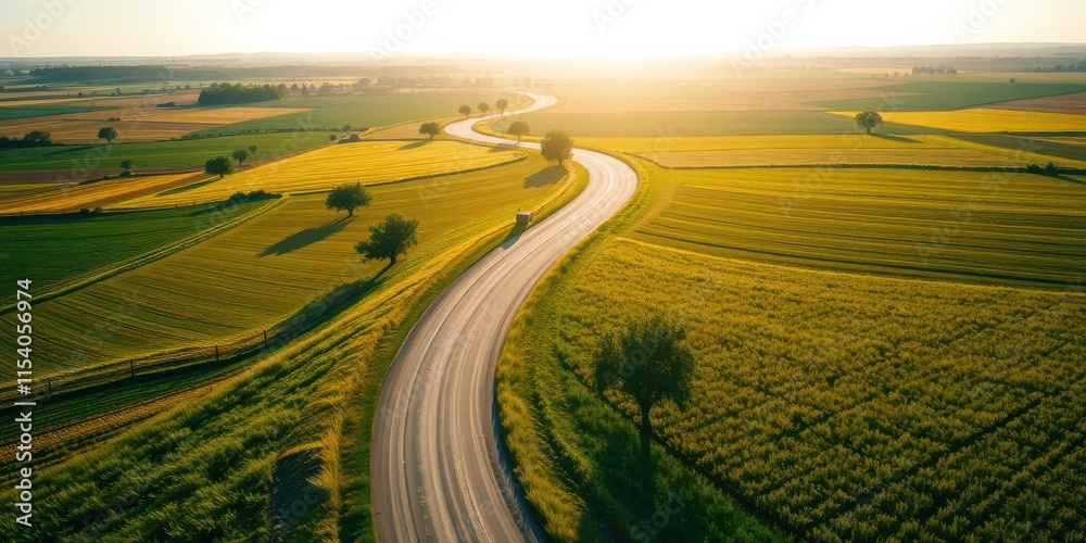 Fototapeta premium Serene Sunset Over Rolling Farmland and Winding Road