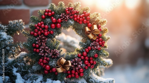Festive Christmas wreath adorned with red berries and pinecones