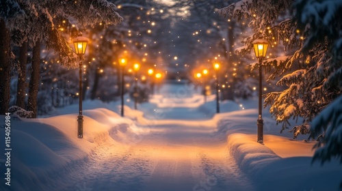 Serene winter pathway illuminated by street lamps
