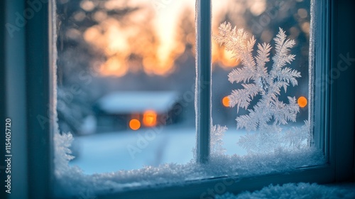 frosted window with sunset view and snow-covered landscape