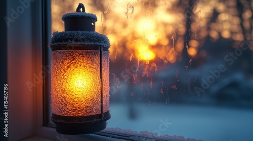 Cozy lantern glowing against a frosty window at sunset