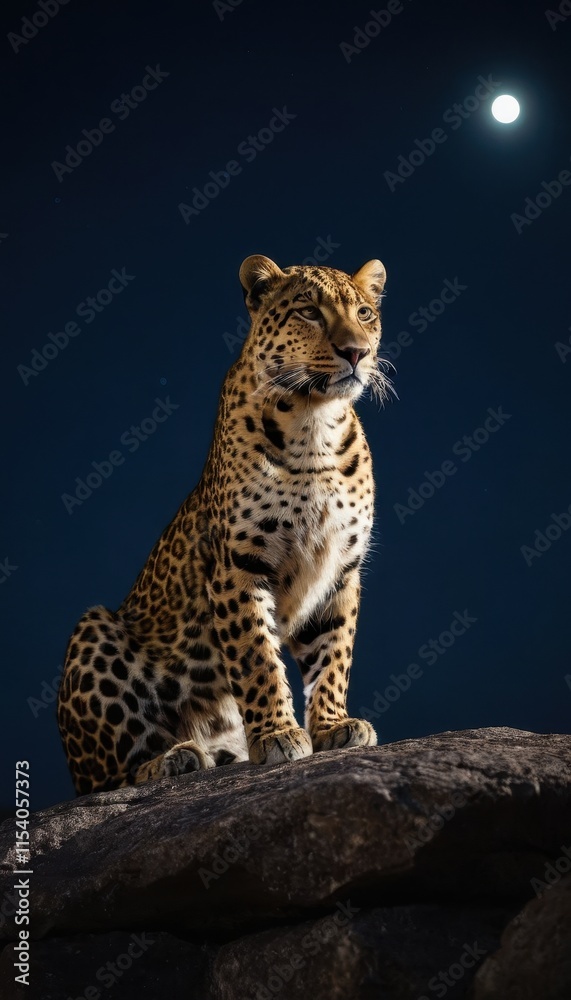Fototapeta premium Leopard sitting proudly on a rock under the starry night, its sleek silhouette and expressive gaze reflecting the untamed beauty of the wild