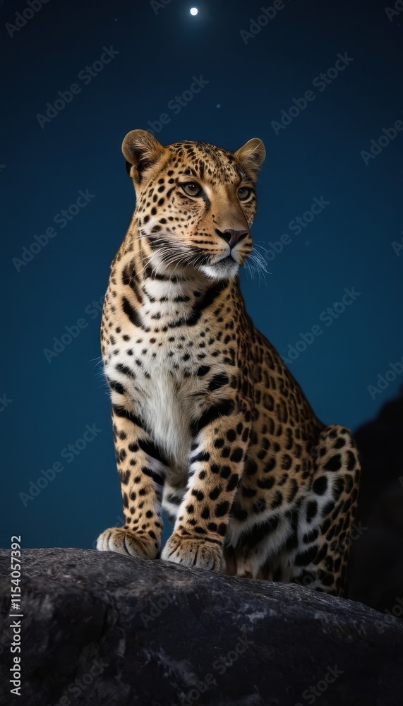 Fototapeta premium A majestic leopard gazes confidently into the distance, illuminated by the soft glow of the moon, creating a captivating nocturnal portrait