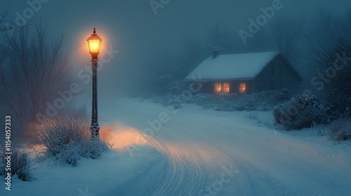 Serene winter night with a glowing lamp and cottage