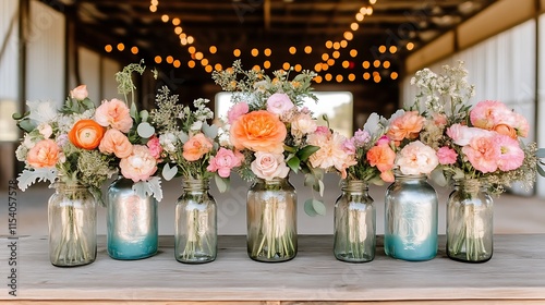 Rustic wedding centerpieces with peach and coral flowers in vintage jars.
