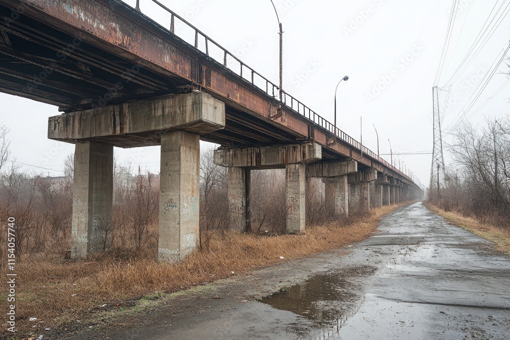 Rusty Steel Bridge Overpass with Concrete Pillars and Puddle, Urban Landscape in Winter Rusty Steel Bridge Overpass with Concrete Pillars and Puddle, Urban Landscape in Winter