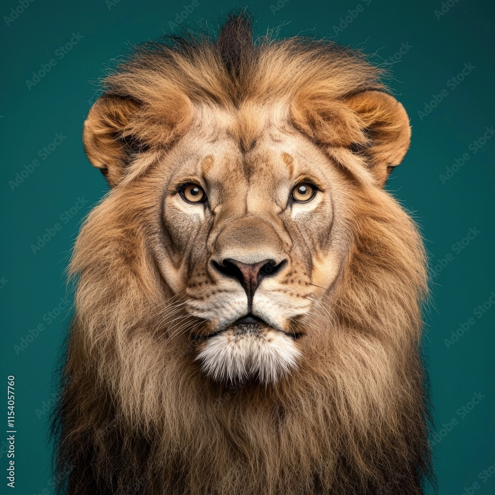 Fototapeta premium Majestic Lion Portrait with Detailed Mane Against Solid Background