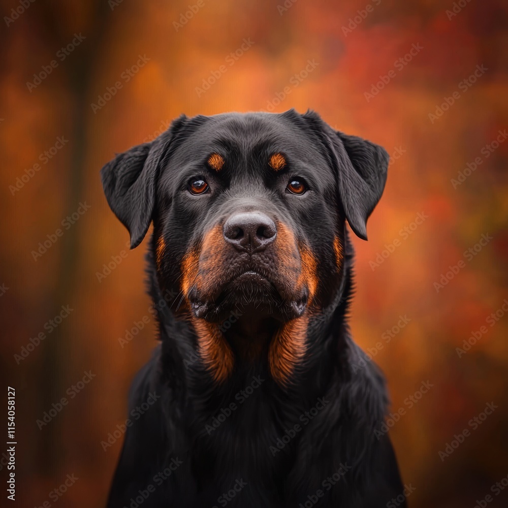 Fototapeta premium Majestic Rottweiler Portrait Against a Vibrant Autumn Background