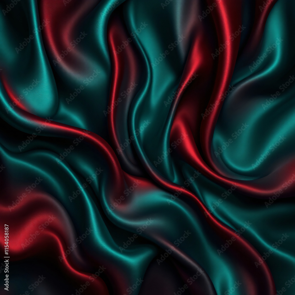 Obraz premium Red turquoise silk satin. Gradient. Metal. Wavy folds. Glossy cloth surface. Beautiful turquoise green background with space for design. copy