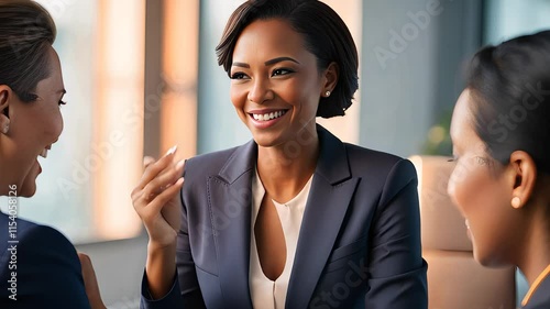 Professional Businesswomen Engaging in a Friendly and Productive Meeting in a Modern Office Environment

 photo