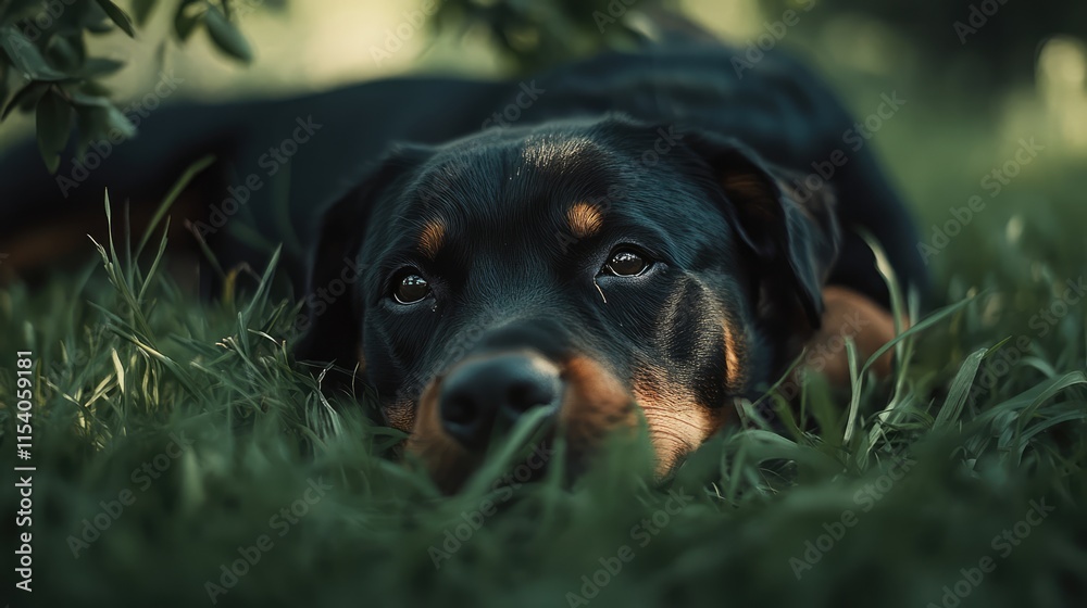 Fototapeta premium Rottweiler dog resting on green grass in a serene meadow under soft sunlight showcasing its calm demeanor and beautiful fur pattern