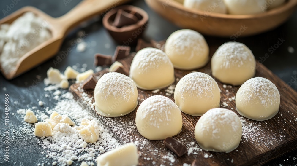 Homemade white chocolate truffles dusted with powdered sugar on a rustic kitchen table close-up. Homemade white chocolate truffles dusted with powdered sugar on a rustic kitchen table close-up.