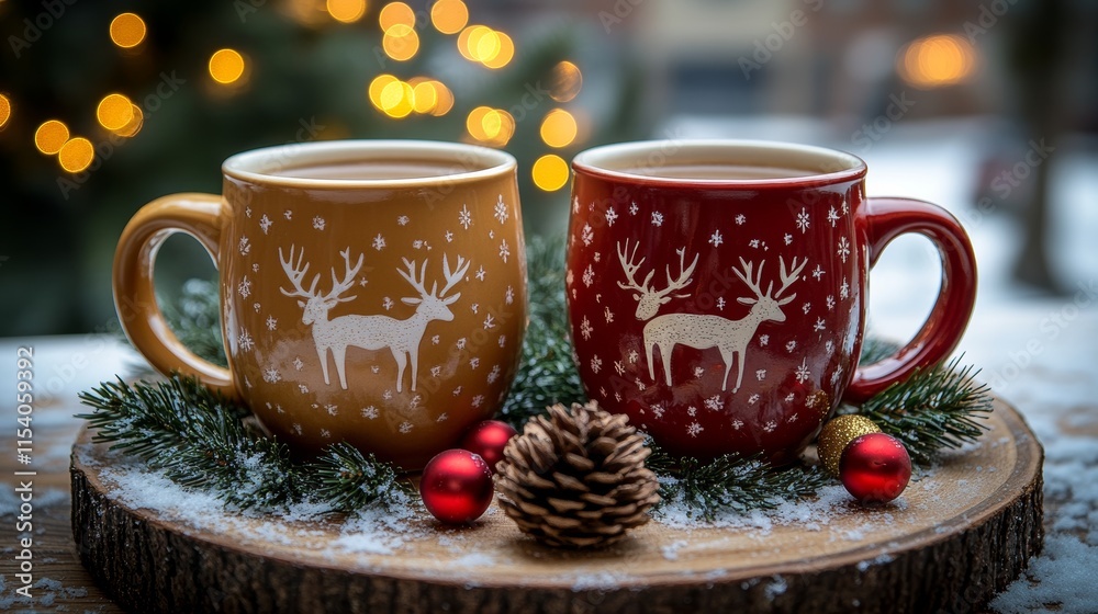 Fototapeta premium Festive Coffee Mugs With Reindeer Design on a Wooden Tray Decorated for the Holidays in a Cozy Atmosphere